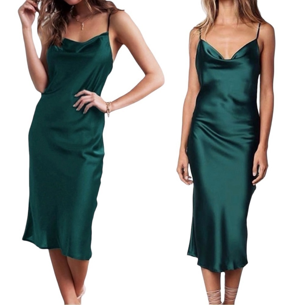 Slip Dress XXXITICAT Teal Green Slipdress Midi Length Adj Straps Draped Neckline